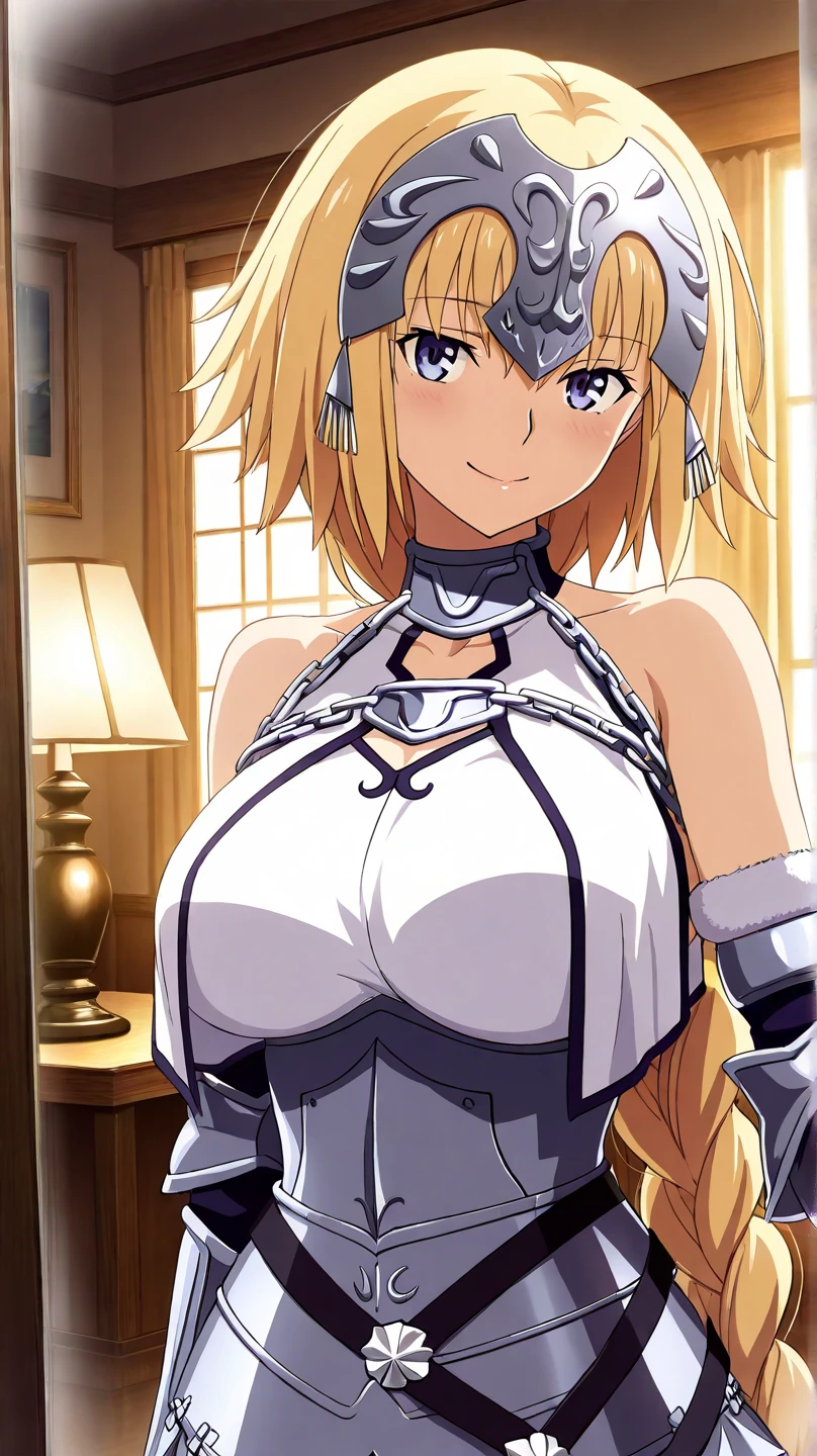 masterpiece,Write neatly,Beautiful adult woman,Jeanne d&#39;Arc,Blonde,D cup breasts,uniform,smile,front,bedroom