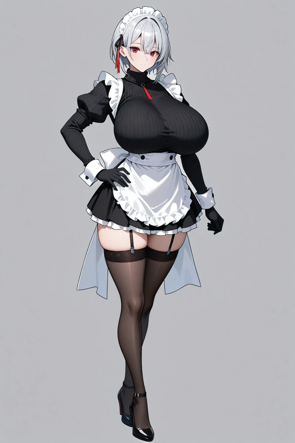 Bigboobs,cropped shoulders,White knee-length stockings,Lolita skirt,High ponytail,Stand up,