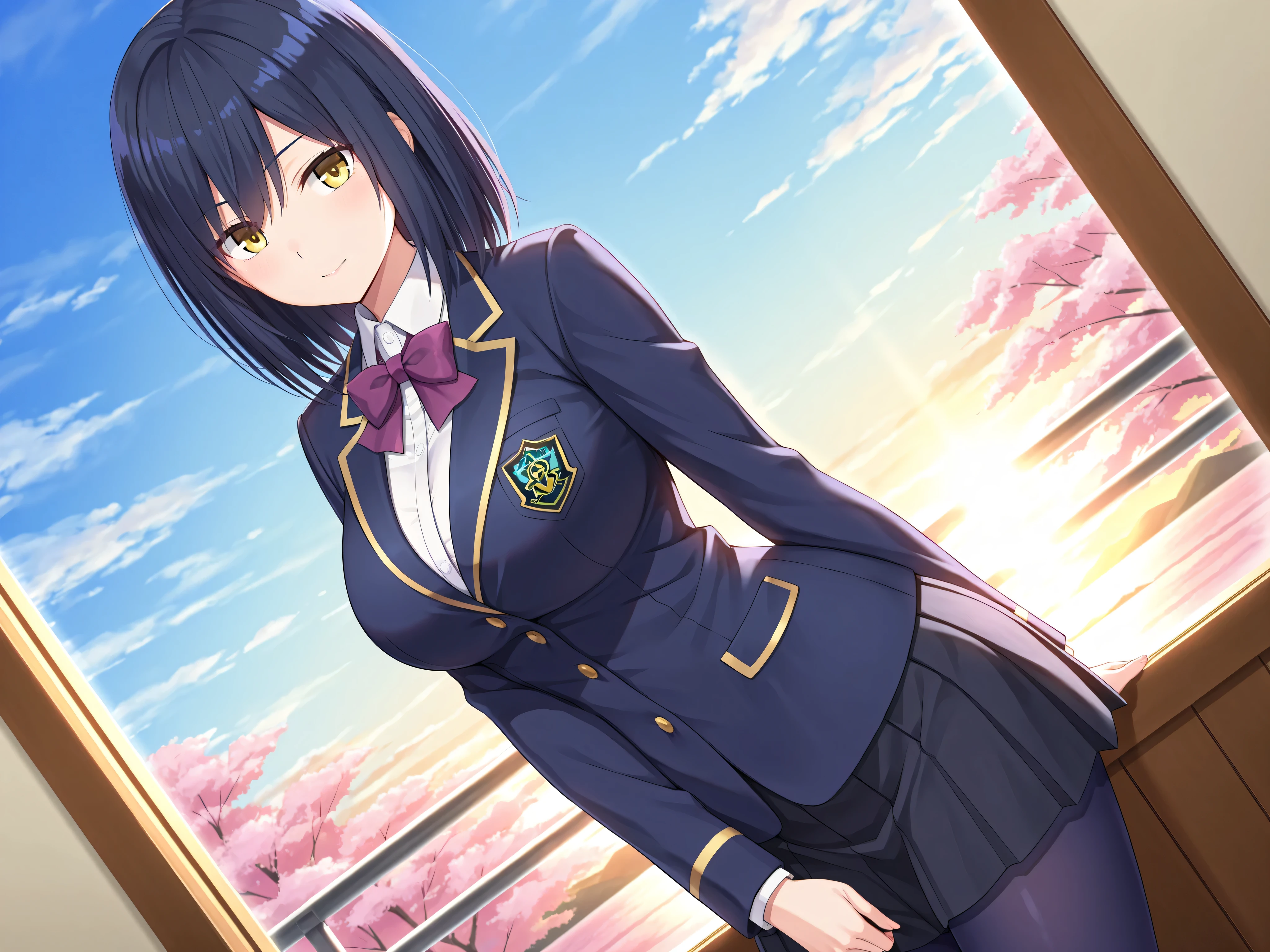solo,masterpiece,best quality, amazing quality, highres, absurdres, very aesthetic, high resolution, ultra detailed, perfect details,nijirin,large breasts,yellow eyes,blue hair,black hair,moles,medium hair,nijirincos,white shirt,collared shirt,purple bowtie,blazer jacket,blue jacket,blue skirt,miniskirt,pleated skirt,dark blue pantyhose,(masterpiece, detailed:1.2)、look at viewer,anime screencap,mature female