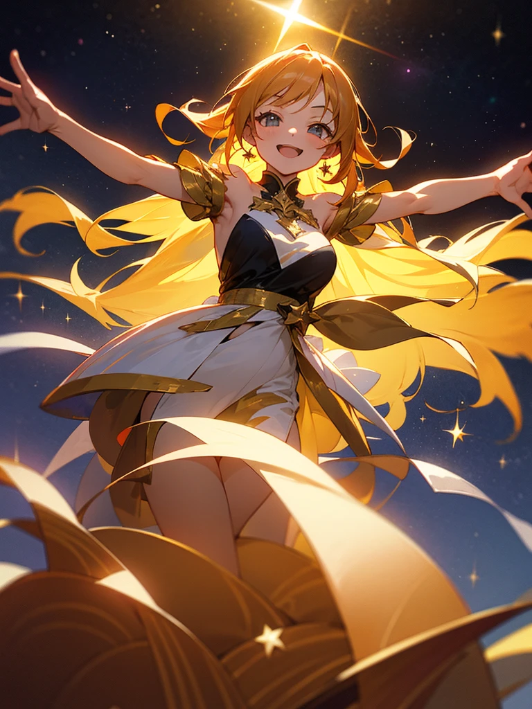 Golden long pony tail girl golden eyes have 2 golden wings wearing golden crop top and golden skirt golden socks no shoes and have mini golden crystals aura floating around