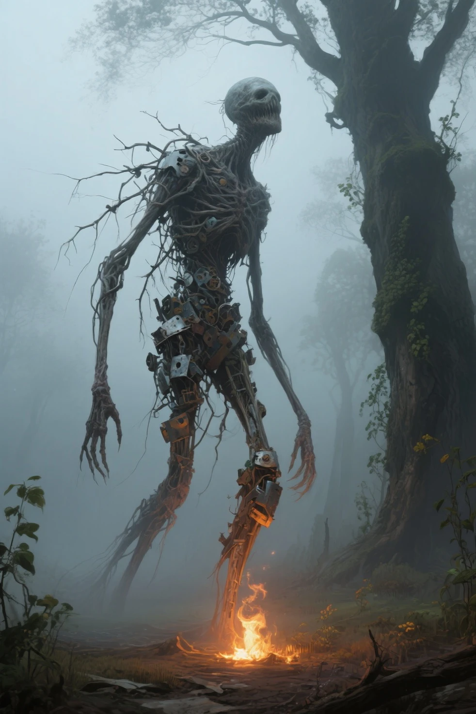 a post-apocalyptic garden, plant creatures battling zombies, highly detailed, dark fantasy, cinematic lighting, dramatic composition, hyper-realistic, 8k, intricate details, lush vegetation, twisted roots, shambling undead, gnarled branches, vivid colors, photorealistic, masterpiece