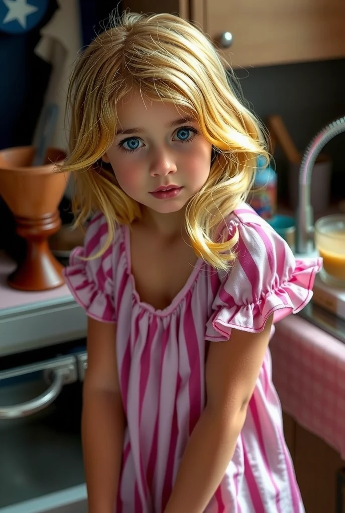 2 year old blonde with long hair wearing pink making faces