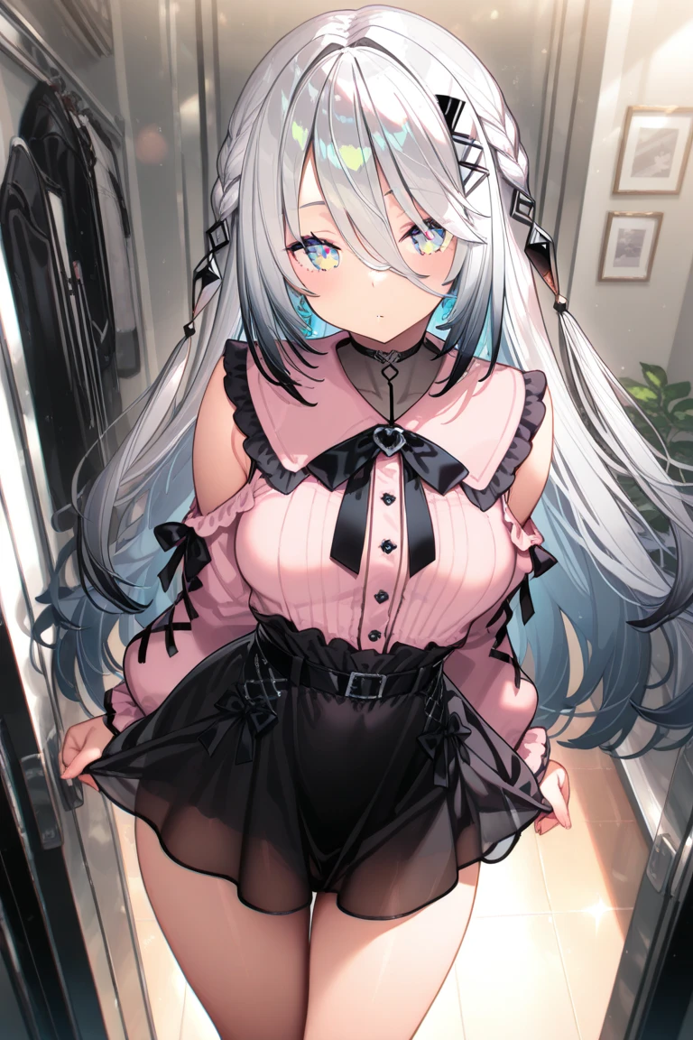 (Detailed face, Beautiful Eyes, 8K壁紙, Very detailed, beautifully、Beautiful appearance, 16K, 8K, 超High resolution, Soft lighting, Visual Key, High resolution, Highest quality, masterpiece, Digital Illustration, Only a perfectly Detailed face, (In the city, Background City), (software, full length), (Happy), ((Red eyes, 1 Girl )),(Gray Hair), black dress, white lace thong, slender, panties under pantyhose,
