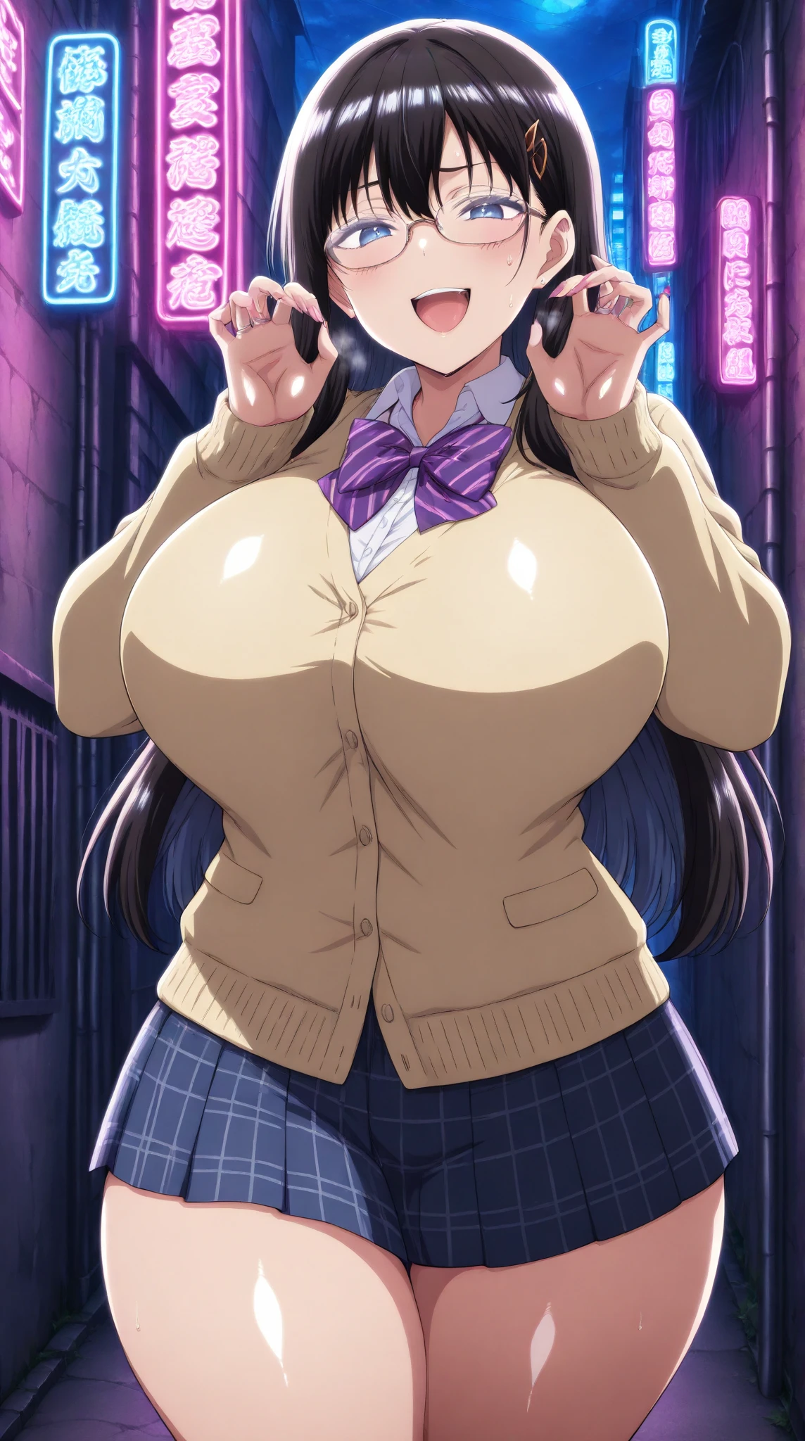 (Perfect body),Best Quality,(8K Portrait),(Official art)、(NSFW)、(((huge-breasted)))、fatness、((Shorthair))、blush,((Dark hair)),(Sweat),((blue miniskirt cheongsam))、(Armpits)、((Hands behind the head))、1girl in,((A smile))、One eye is closed、In the street、eye glasses、Squatting