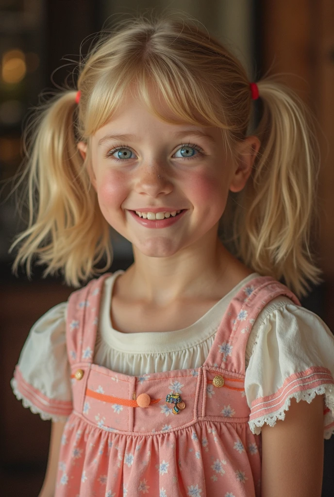 Portrait of a little girl, aged 14, long twintails, blonde hair, huge smile