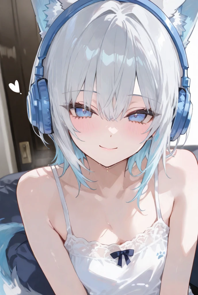 wear scrubs, White or pale blue scrub clothing, a beautiful detailed portrait of a shoulder length hair nurse aide, with no hat, large breasts, in an anime style, high resolution, photorealistic, dramatic chiaroscuro lighting, intricate details, ominous aura, beautiful blue eyes, beautiful silver hair, short bob cut, sharp facial features, strong presence, smile, I'm not wearing anything on my head, Hide your chest with your clothes, close eyes, listen to music, wear headphone,