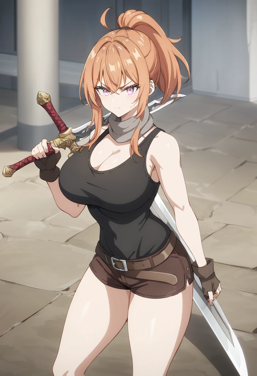 seryuuubiquitous, seryuu ubiquitous, long hair, brown hair, (brown eyes:1.3), medium hair,, masterpiece, (ultra detailed background, delicate pattern, intricate detail), (highly detailed, fine details),
best quality, beautiful lighting,cleavage, jewelry, smile, open mouth, (nsfw) not safe for work, armlet,
long hair, lips, navel, bracelet, medium breasts, makeup, circlet, nailpolish, (loincloth, white loincloth,
pelvic curtain), complex detailed background, inside, stone wall, ancient interior, ancient egyptian room,
hieroglyphs, dark lighting, dark atmosphere, (cowboy shot), holding a sword, sword