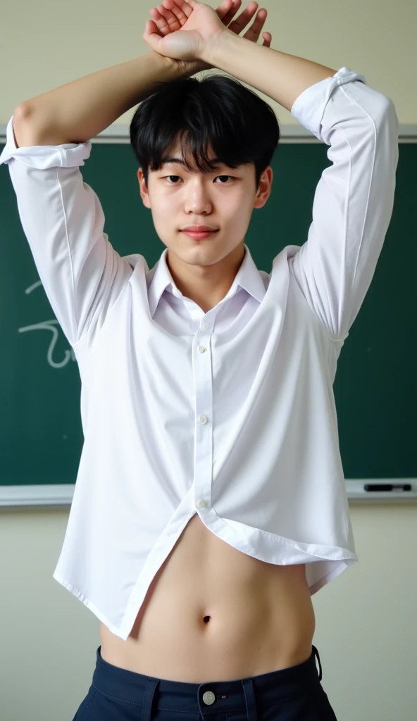 Very realistic photography, Very bushy hairy armpits, hairy pubic, hairy crotch, See through white shirt, Super Realistic photography, PROUDLY SHOWING OFF HIS BODY, white uniform shirt, UNIFORM, Cute teeb student Wearing uniform shirt, NO PANTS, CLOSED UP DETAILED, sexy student, wearing soaked unbutton white shirt, ABS EXPOSED, Very wet body, very wet, crowded classroom, wearing socks, pantless just wearing soaked white micro undies, Showing off his very hairy armpits, Slim fit body, teenager, very cute boy face, boy, Very young teenager boy, Amazing classroom scenery, in the middle of Crowded classroom, dickprint, Sweat dripping all over the body, Proudly showing off his sweaty very hairy armpits to student in the classroom, The colors are bright and vibrant, enhancing the overall aesthetic. The lighting is soft and natural, casting a soft glow on the boy, don't merge body's, detailed eyes and lips, sixpack and fit body. Image quality is of the highest standard, with ultra-detailed features and a realistic appearance.