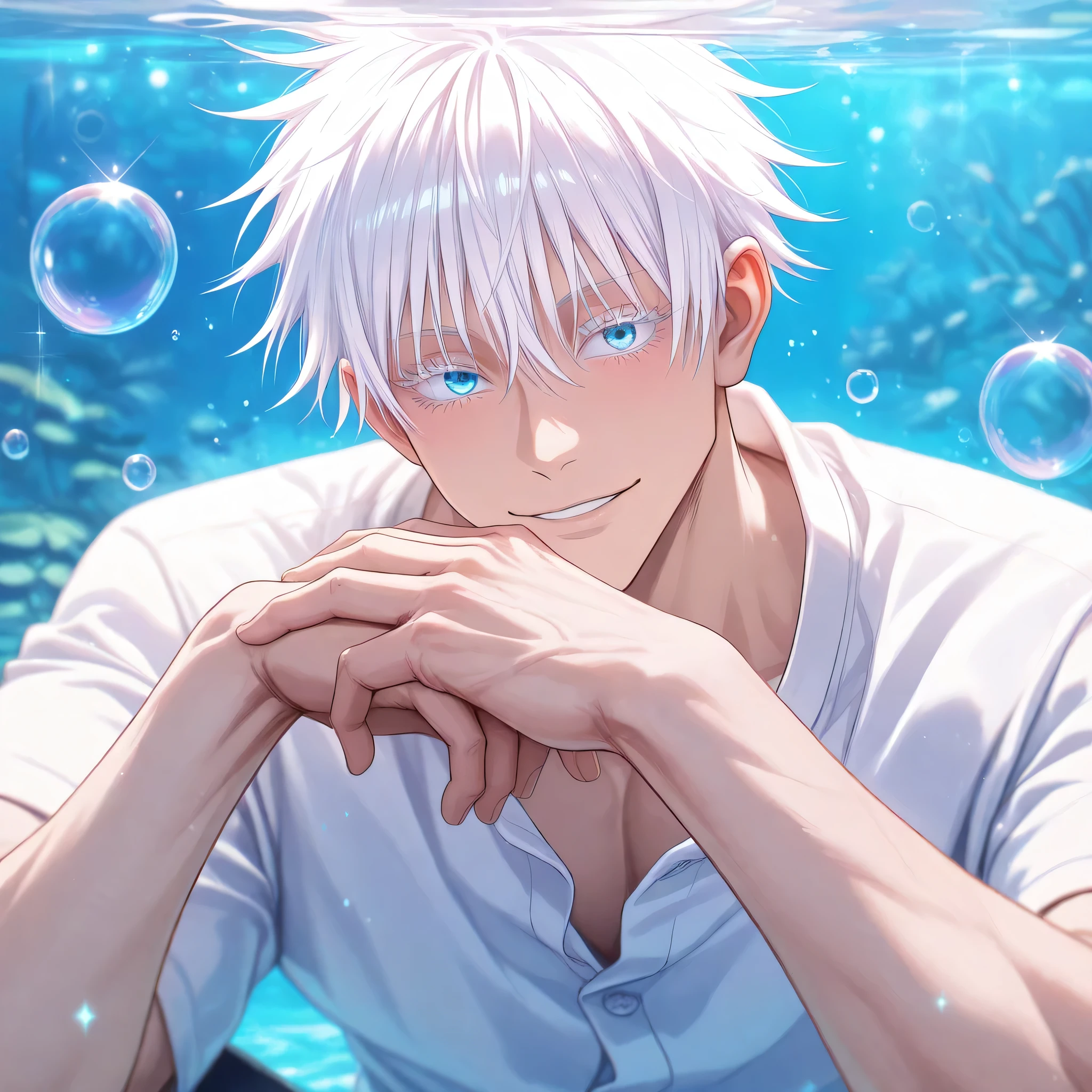 masterpiece, best quality, horizontal, upper body, 1man, adult, male focus, gojou satoru, jujutsu kaisen, white hair, short hair, ((hair between eyes)), colored eyelashes, white eyelashes, blue eyes, intricate eye iris, detailed eyes, muscular male, sexy man, handsome man, handsome face, hite shirt, bubble,sparkles and gold and pink and blue decorations, Perfect Hands,highly detailed