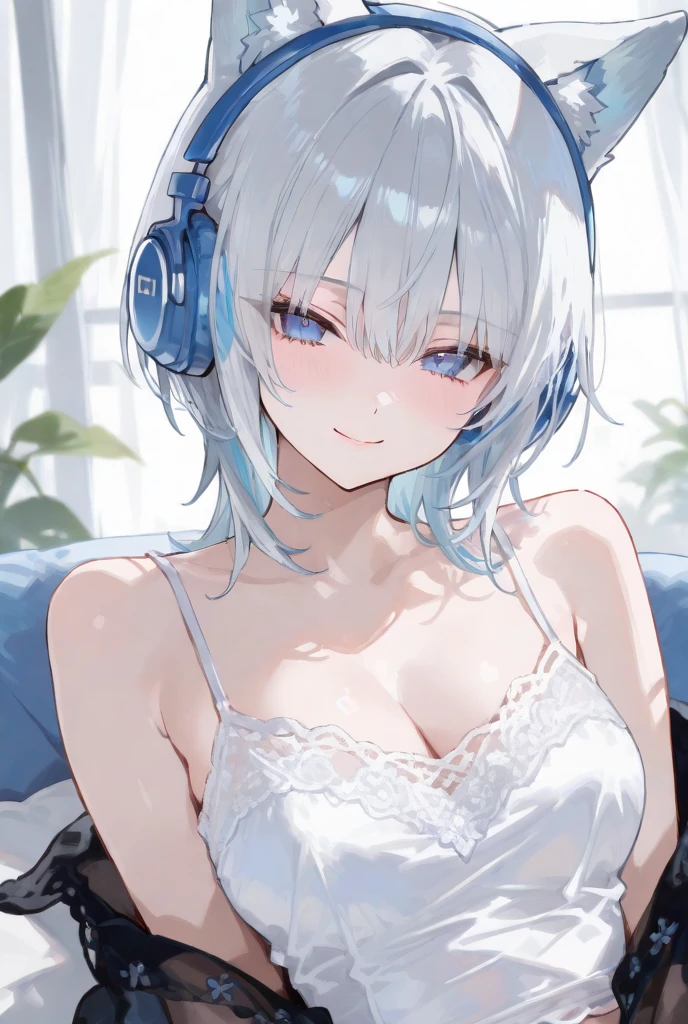 Woman listening to music with headphones in her room、short hair、Oversized、Arms wrapped behind head、2 arms、1 person、masterpiece、Highest quality、highest quality、1 personの女の子、8k、Very beautiful eyes、winking、Small breasts、bikini