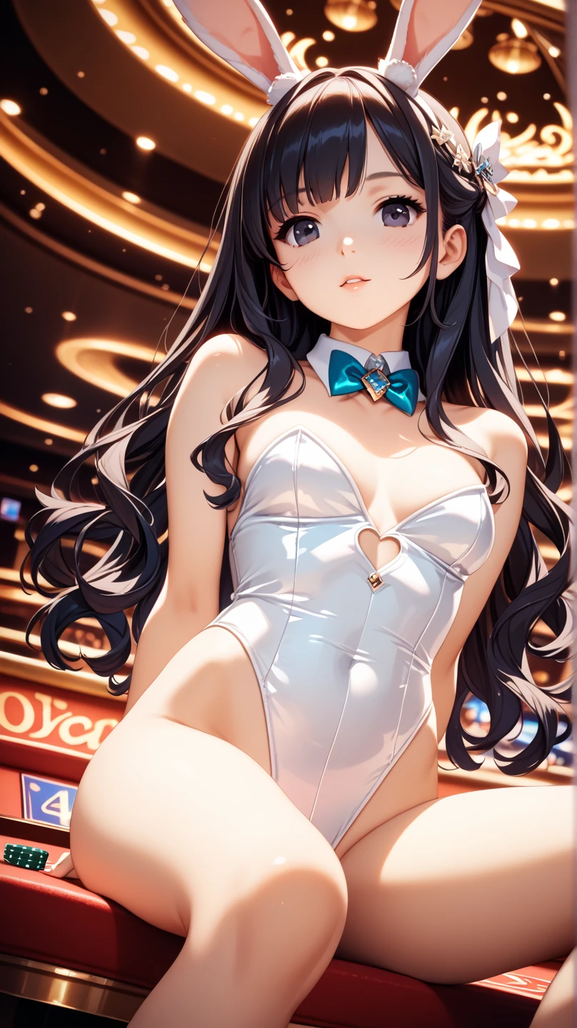 (Best quality, 8k, 32k, Masterpiece, UHD,:1.2),RAW, 1girl,ultra cute , natural lighting,transparent shining eyes, 20yo ,fair complexion, long hair, french braid, flushed face,femur, bunny girl, bunny girl Costume, body-fitting, shiny, seductive, Cowboy shot, leotard, From Behind, casino
