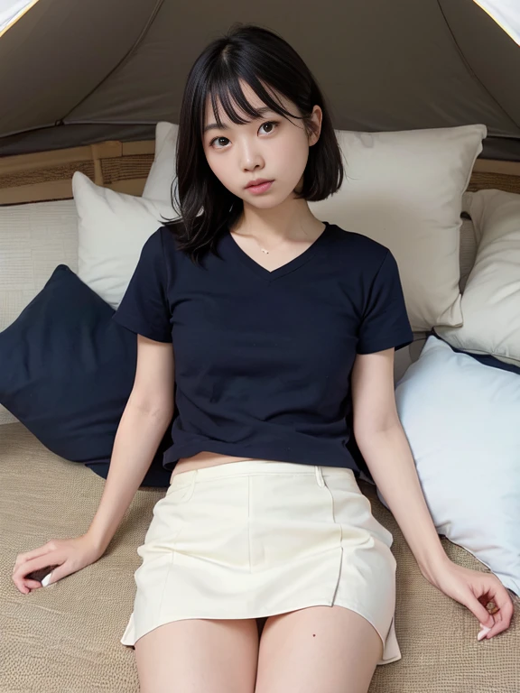 masuter piece、top-quality、masutepiece、girl sleeping on tatami、Lying on tatami mats、Eyes closed、bad sleep stages、((A 12-year-old girl))、Childish clothes、Plain clothe、Denim skirt、a miniskirt、Full body shot,Realistic system、Childish panties