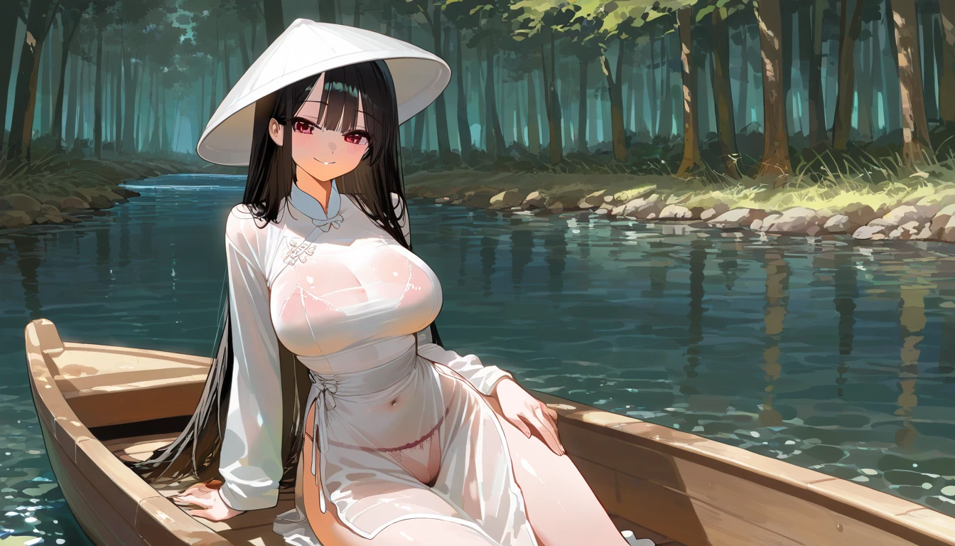 Guilin landscape，Sitting on a stone on the shore of the waterhole，It rained heavily，(gigantic breasts:1.3)，black pantyhoses，golden curly hair，nurse's outfit
