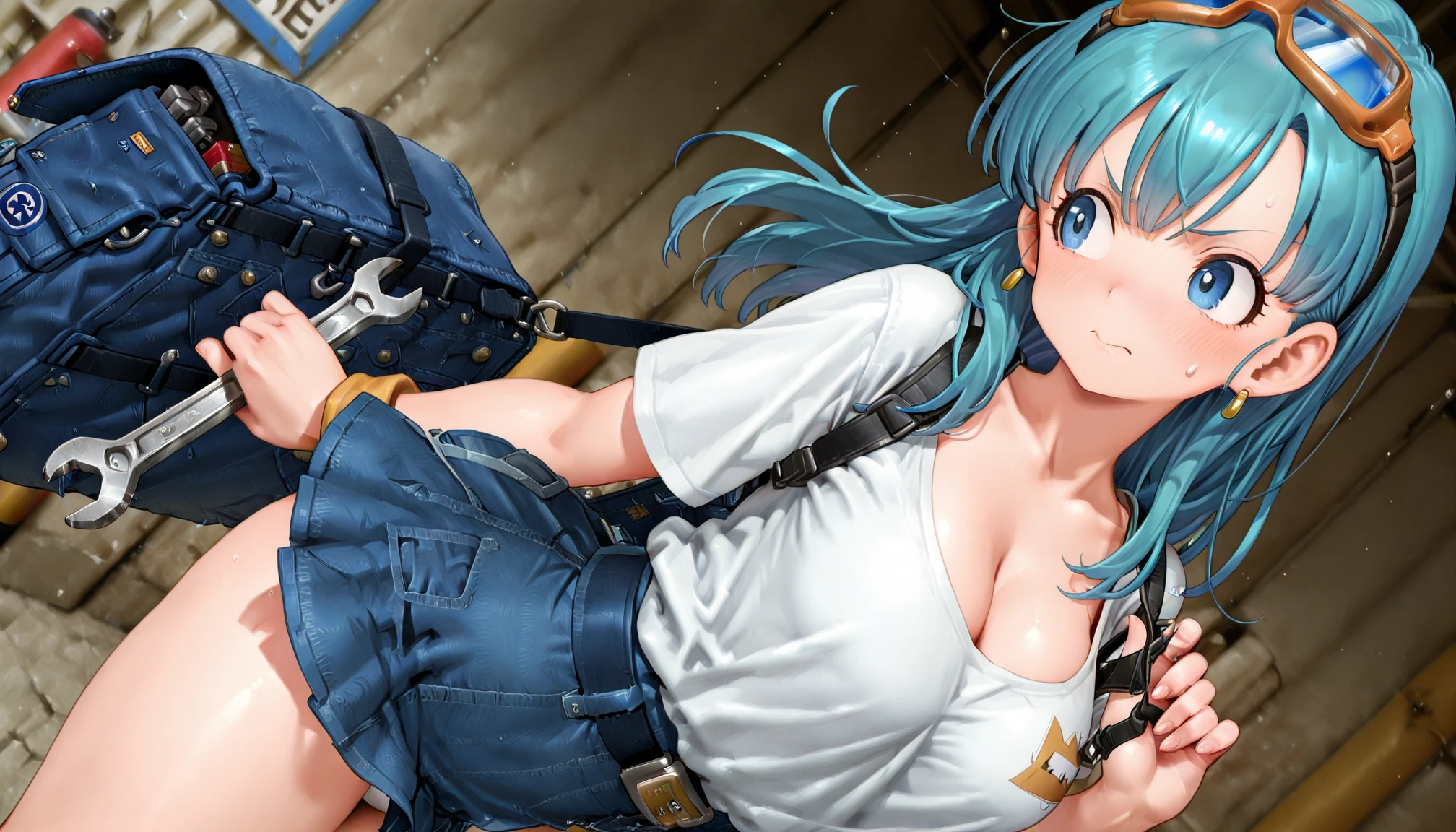1girl, solo, full body, summer, village, trees, sun, clouds, ((colorful hair)), ponytail, huge breasts, ((brown leather jacket)), brown leather shorts, ((blue toothed top)), cleavage 1:3, blue eyes, skirt, smile, looking at the viewer, standing, hair ribbon, golden necklate