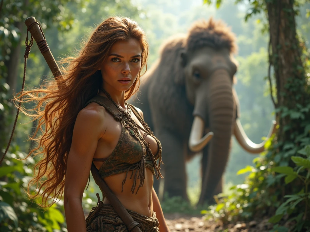 A full body of a highly realistic panoramic sunlight image of Tarzan swimming in the water.0 The blonde Jane looks on anxiously with a spear in her hand to come to the rescue., Both are half-naked dressed in a short loincloth of a primeval man, both standing dripping with water in the crashing waters of a very high waterfall half surrounded by big jungle trees in 70000000 BC, HD photography, ultra-realistic, King Tut, 4k, hyper-realistic, sharp texture, color. Her face with glistening water droplets is illuminated by the sun. She stands upright in the running water of the river, a perfect face model, Arabella mist-splitter, perfect face), beautiful lips:5 stylish, beautiful female face, attractive female face!!!, beautiful feminine face, beautiful makeup, perfect face! all wet on a rainy night, scared look, eerie, creepy, dark ambient, cinematic lights, ultra sharp focus, bird's eye view, high view, looking at the camera, raindrops. A very realistic panoramic sunlight image of Tarzan riding on the back of an elephant while holding his blonde Jane in his arms. Both are naked but wearing only a primitive short narrow loincloth of a primeval man, both dripping with water in the crashing waters of a very high waterfall half surrounded by large jungle trees in 70000000 BC, HD photography, ultra-realistic, King Tut, 4k, hyper-realistic, sharp texture, colour