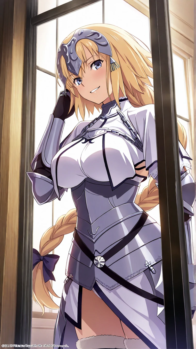 masterpiece,Write neatly,Beautiful adult woman,Jeanne d'Arc,Blonde,Braid,D cup breasts,uniform,smile,front,bedroom