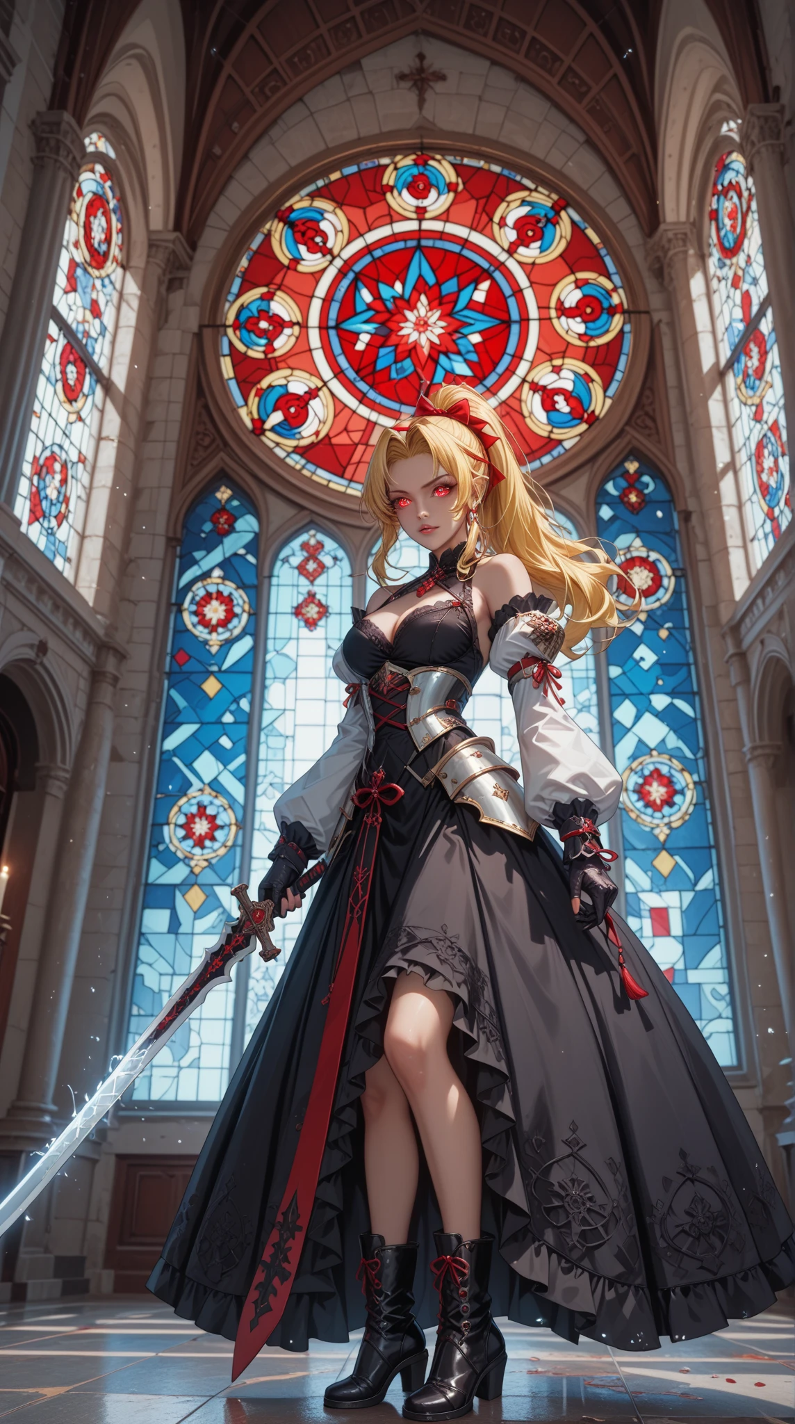 brown long hair, beautiful mature woman, medieval european knight, goddess-like happiness,broad shoulders, muscular, leather armor on upper body, brown leather mini skirt on lower body, in the chapel, gripping sword,medium shot,from front, anime,masterpiece, extremely detailed, sharp focus, front view
