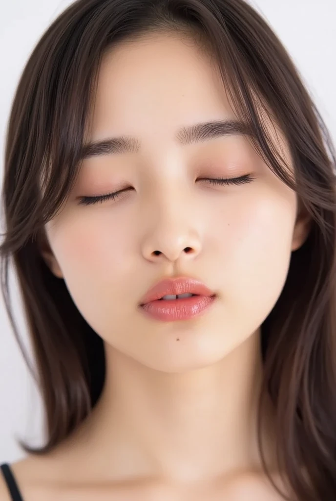 Expression on the verge of fainting due to increased sexual pleasure、eyelids half closed、Wet lips