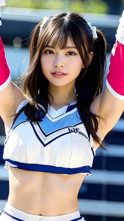 (wearing ,cheerleader:1.3),from below,(underboob :1.3),Top quality, 1 beautiful Japanese woman, teen,high school student,(18 years old),medium hair, (Black hair:1.2), Ultra-realistic capture, Highly detailed, High resolution 16k close-up of human skin. Skin texture must be natural, With such detail that pores can be finely identified. Skin should look healthy, In a uniform tone. Use natural light and color,