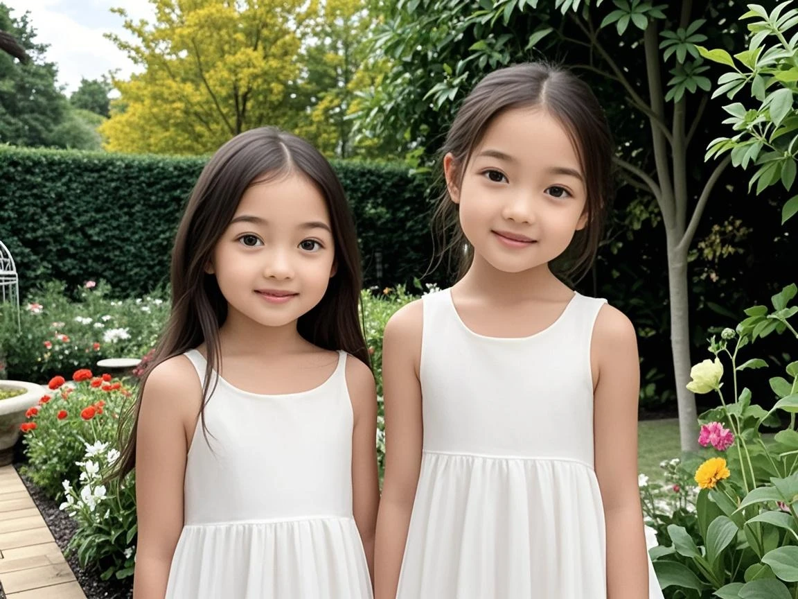 twin,Two girls,garden,cute,big eyes