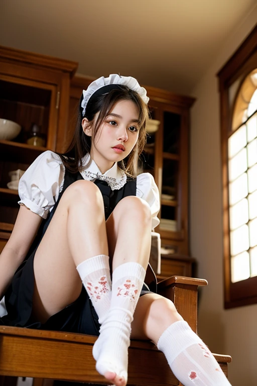 (Photoreal: 1.4), (Hyperrealistic: 1.4), (Realistic: 1.3), (Smooth Lighting: 1.05), (Improved Cinematic Lighting Quality: 0.9), 32K, 1 female, 24 year old female, Realistic lighting, Backlight, Face Lights, Ray Tracking, (Bright Light: 1.2), (Quality Improvement: 1.4), ( Realistic textured skin of the highest quality: 1.4), fine detailed eyes, detailed face, fine quality eyes, dark brown eyes, (tired, sleepy and satisfied: 0.0), pale lighting, white background, blouse with white frills, bow tie, dark blue skirt, dark brown hair, braided part of the hair and tied a small ribbon, squatting with knees, white silk ankle-length socks with ruffles, pumps