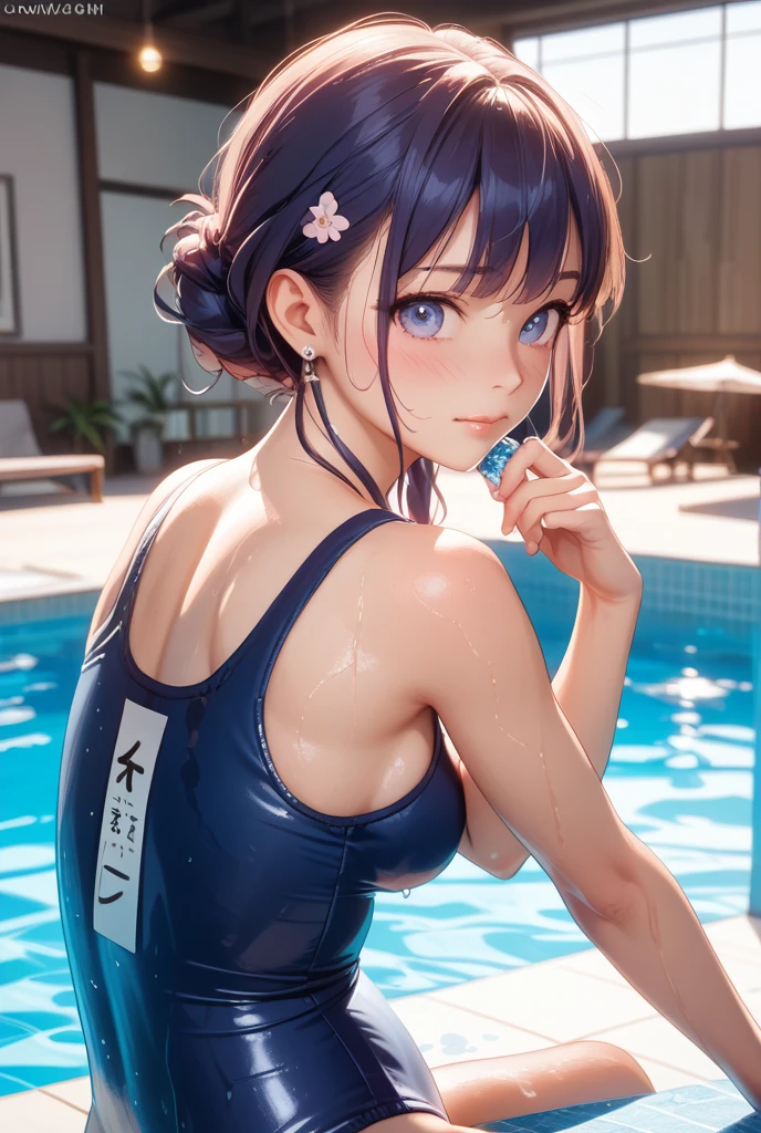 (masterpiece,highest quality,超A high resolution),japanese woman, (((very beautiful girl))), pretty girl、look at the photographer、 ((beautiful low ponytail)), super cute face, glossy lips, double eyelids in both eyes,natural smile、 natural makeup, long eyelashes, Shiny and smooth hair、center image, perfect limbs, perfect anatomy,(((navy blue school swimsuit)))、((See-through)),Sweat,,pool,night,wet with water