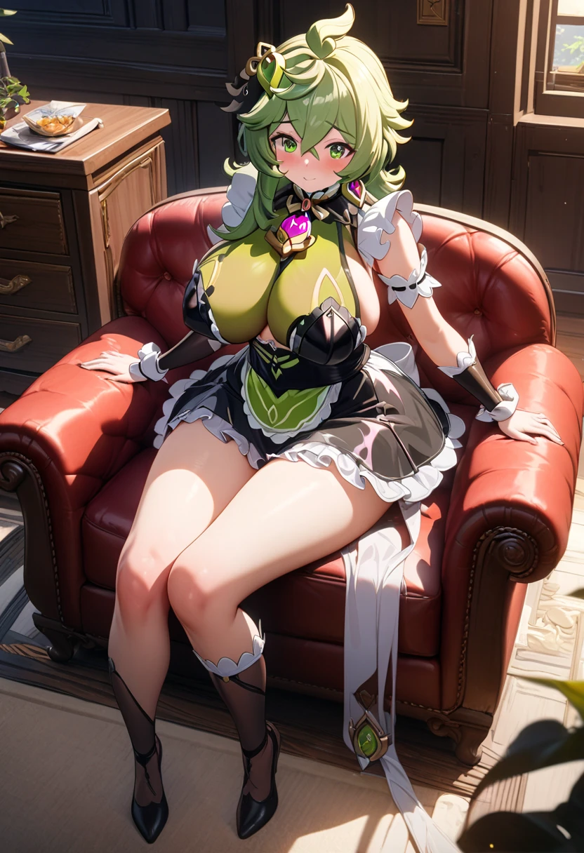 (sex style) (sitting, spread legs, crossed ankles:1.2), (soro:2, 15 yo, ponytail green hair long hair cute girl, sexy yellow eyes, grin smile, love smile, medium:1.3 tits), in a maid clothes, break, in the cute bedroom, BREAK, perfect anatomy, masterpiece, best quality, 16k, beautiful detailed grow, daydreaming expression.