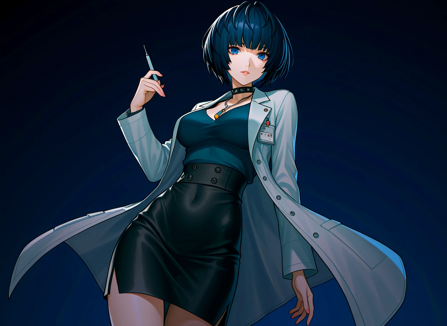 masterpiece, best quality, absurdres, perfect anatomy, full body, 1girl, solo, Tae Takemi, short hair, necklace, choker, labcoat, black dress, belt, short dress, medium breasts, black sandals, standing, leaning forward, simple background, white background