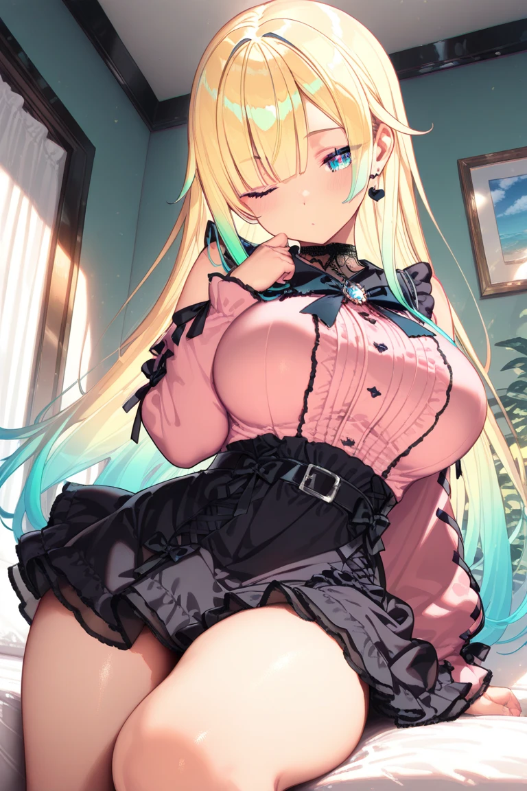 1 girl, blush, looking at the viewer, twin tails, jewelry, (tiara), Pink dress with a lot of semen on it, corset, short sleeve, gloves, frills, Golden Gems, (pastel colour), (cute), highest quality, cutetech, 4k, ((masterpiece)), Super detailed, Bright colors, ((dream-like)), cinematic lighting, flowers, outdoor, realistic、A lot of semen dripping down her chest、A lot of semen dripping down her chest、A lot of semen dripping down her cheek、A lot of semen dripping down her thighs、There is a lot of semen on her chest、Watery eye