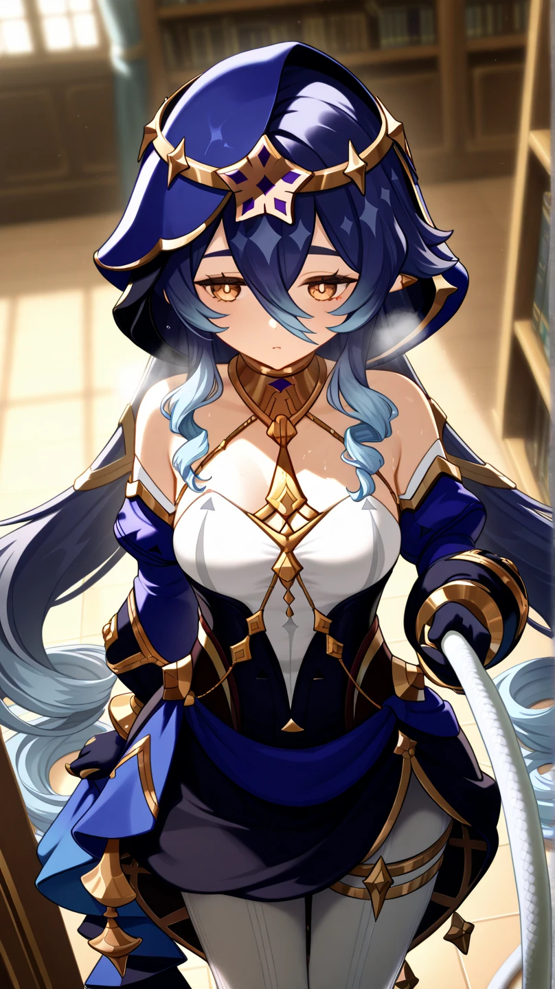 1girl, bangs, blue hair, gold trim, breasts, purple eyes, purple gemstones, smile, solo, very long hair, twintails,
BREAK (black dress, black gloves, black thighhighs, cleavage, covered navel, dress, fingerless gloves, gloves, thighhighs, thighs, waist cape:1.2),
BREAK Intimidating women,night, Sunlight, exposed to sunlight,commander, looking at viewer, ((hands behind back:1.5)),
BREAK ((top quality, 8k, masterpiece: 1.3, ultra hd, high quality, best quality, high definition, realism)), sharp focus: 1.5, Beautiful woman with Slim body, (perfect hands, perfect anatomy),