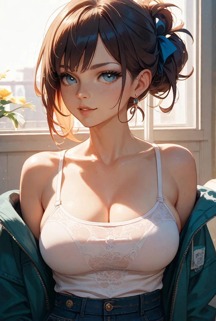 tmasterpiece, Best quality, ultra - detailed, realistically, lamplight,beautidful eyes, dress room, Close-up cleavage, (breasts focus), (squatt:1.2), (from below:1.1), legs are open, red blonde, pony tails, mediuml breasts, (Protruding cleavage:1.3), cropped shoulders:1.1), shorter pants, Crop top