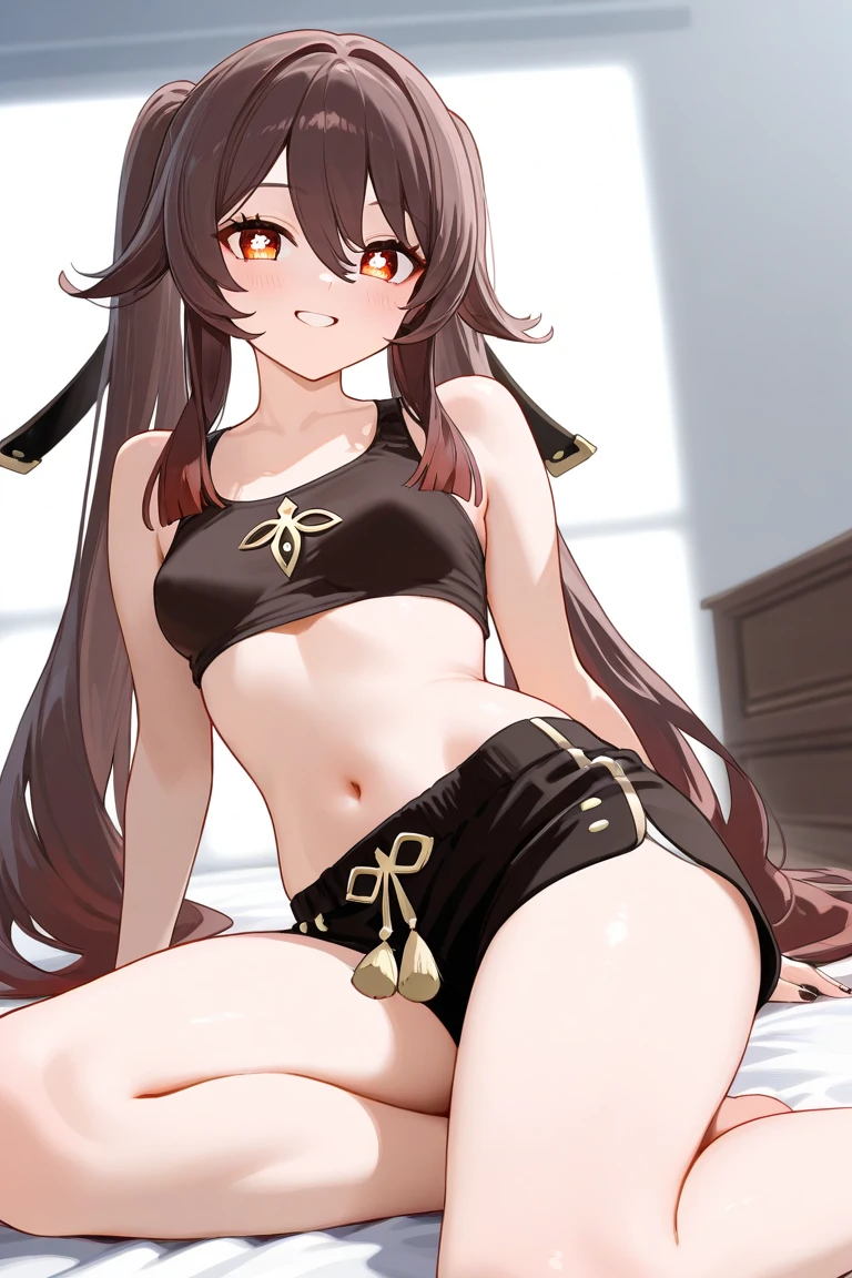 highest quality, masterpiece, High resolution, alone, {Aaron_Kantai Collection:1.15}, black_hair, length_hair, hair_ornament, hairband, Brown_eye, hairclip, blush, smile, headgear, chest, , hair_between_eye,, ((Office Background, Living Room Background))(Light yellow panties), (Light yellow bra), (In underwear), (Flashy underwear), (lingerie), Fully nude, Squat