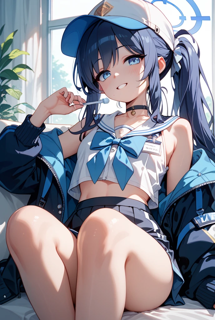 1girll, sitting down on the floor, Place your phone to your ear, Blowing hair, Long hair, blue color eyes,Shining eyes,Detailed eyes,Skirt, Solo, upper legs, Sailor school uniform, navel, Pleated skirt, midriff, Blue eyes, White shirt, Collar, Smile, Medium breasts, view the viewer, Open mouth,,Large breasts,