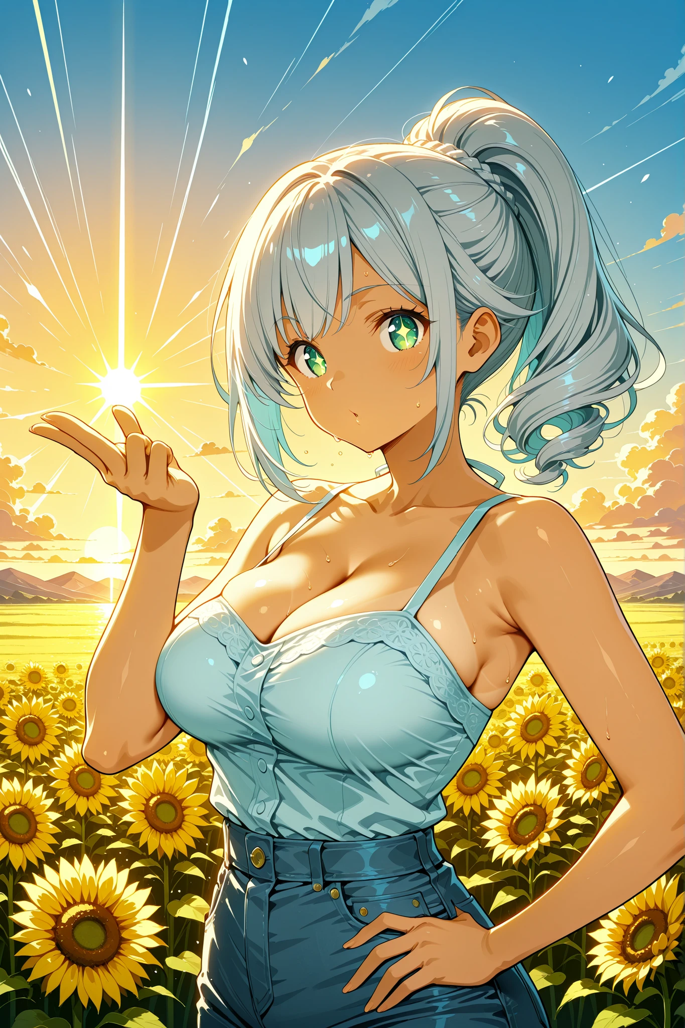 masterpiece, score_9_up, score_8_up, illustration, flat anime style, dynamic composition, vibrant colors,
1girl, 20 years old, energetic Japanese woman, adult, athletic and curvaceous build, huge, bouncy breasts with a healthy cleavage, upper body shot, a huge, infectious open-mouthed laugh, she is captured mid-action, blowing a kiss towards the viewer with one hand, her other hand on her hip,
BREAK
(silver hair:1.2), brilliant silver hair tied up in a high, bouncy ponytail that sways with her movement, the hair has a silky texture and reflects the bright sunlight with a dazzling, almost white glare, detailed with stray strands flying around her face, giving a sense of motion,
BREAK
sparkling, joyful eyes the color of a clear summer sky (cyan), pupils are wide and full of life, reflecting the endless field of sunflowers, anime-style eye shine with star-burst patterns, her cheeks are flushed with a healthy pink from the sun, a light sheen of sweat on her porcelain skin,
BREAK
wearing a simple yet revealing yellow sundress with a sunflower print, the thin straps barely containing her ample bust, the fabric of the dress is slightly translucent from the strong backlight, paired with denim hot pants visible underneath,
BREAK
standing in the middle of a vast, endless sunflower field under a brilliant, cloudless summer sky, strong, direct golden hour sunlight creates high-contrast shadows and a warm glow, every sunflower is rendered in detail, facing the sun, the air is filled with shimmering heat haze and floating pollen particles, creating an overwhelmingly vibrant and energetic scene.