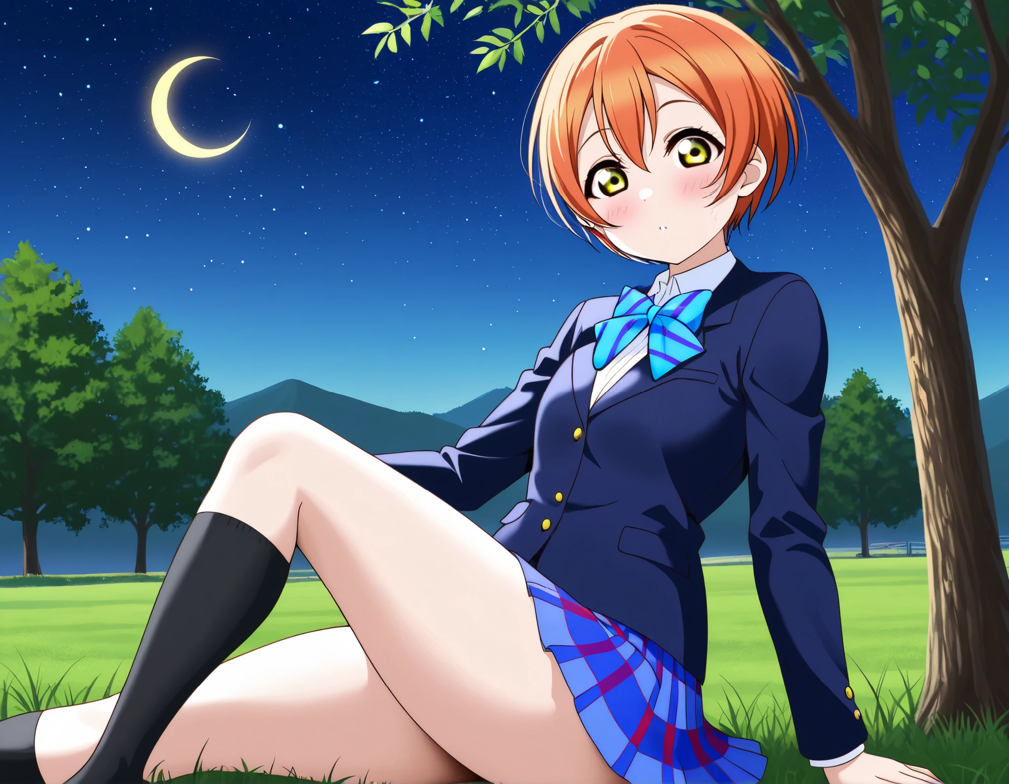 1girl, hoshizora rin, striped, short hair, blush, otonokizaka school uniform, lovelive_rin black blazer, blue plaid skirt, blue stripe bowtie, orange hair, very short hair, hair between eyes, yellow green eyes,knee up,thick thighs,crescent moon, stars (sky),looking at viewer,outdoors, sky,grass,tree,