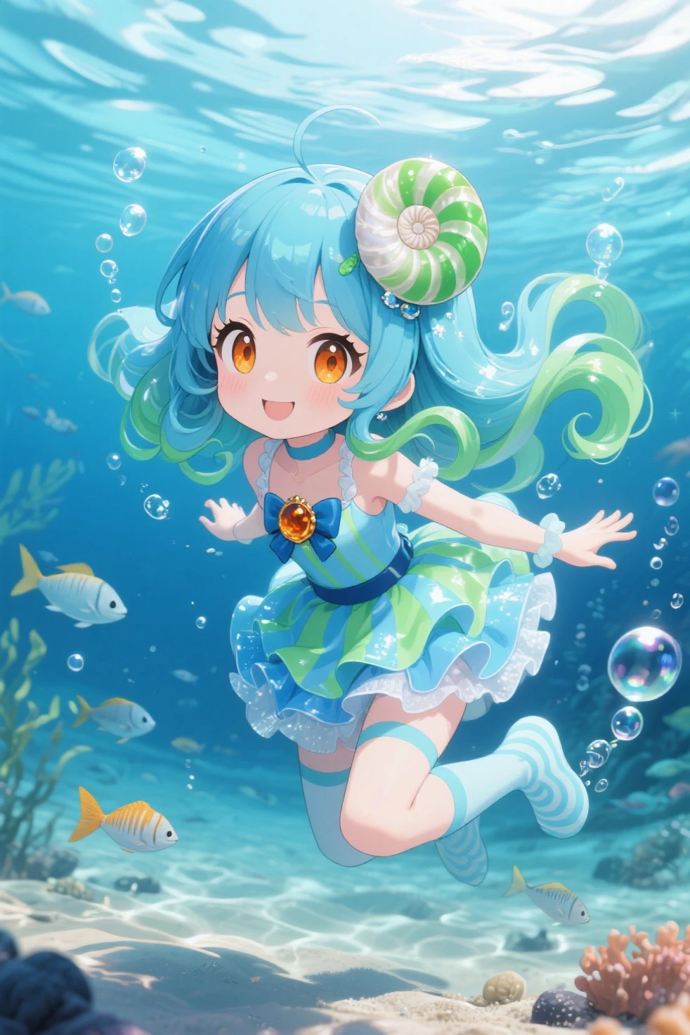 bikini, Rainbow hair,underwater landscape,Depth of the sea,Beautiful detailed eyes,Beautiful detailed lips,Glowing scales,Flowing colorful hair,Magical underwater lighting,calm and serene ambiance,Peaceful underwater kingdom,Dreamy environment,Floating seaweed and corals,vivid and bright colors,Natural light penetrating through the water,Dancing iridescent jellyfish,Playful and gentle sea creatures,An ethereal and enchanting presence,Mystical and mysterious aura.