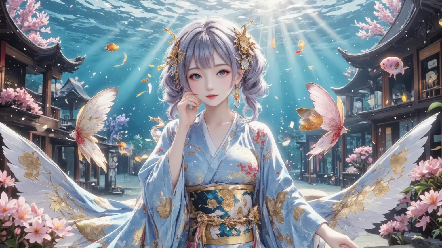 A beautiful mermaid in an underwater coral reef. She has a cute, delicate anime-style face with large expressive eyes. Her outfit is a luxurious, Japanese kimono-style costume inspired by the deep blue sea, shimmering with the light from the water surface. The kimono is elegant and ornate, flowing like waves. She floats gracefully among colorful tropical fish and vivid coral formations. Sunlight beams down through the water, casting soft, magical rays. The art style is highly detailed anime, with soft pastel colors, intricate linework, and a dreamy, fantastical atmosphere.