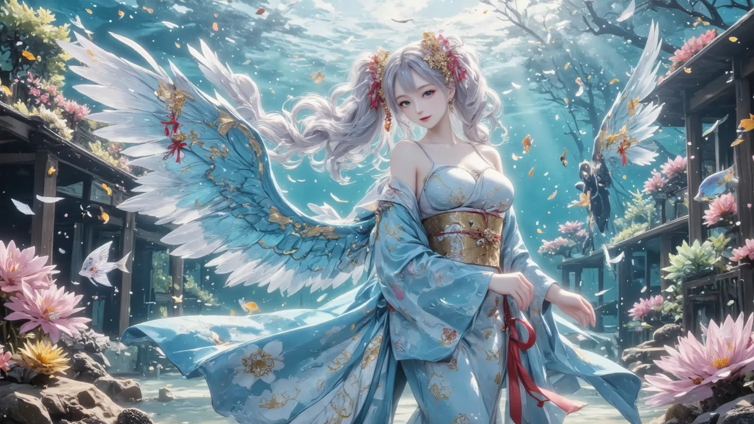 A beautiful mermaid in an underwater coral reef. She has a cute, delicate anime-style face with large expressive eyes. Her outfit is a luxurious, Japanese kimono-style costume inspired by the deep blue sea, shimmering with the light from the water surface. The kimono is elegant and ornate, flowing like waves. She floats gracefully among colorful tropical fish and vivid coral formations. Sunlight beams down through the water, casting soft, magical rays. The art style is highly detailed anime, with soft pastel colors, intricate linework, and a dreamy, fantastical atmosphere.