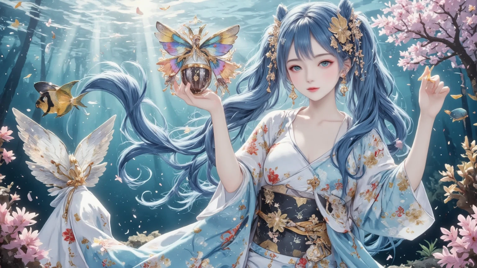 A beautiful mermaid in an underwater coral reef. She has a cute, delicate anime-style face with large expressive eyes. Her outfit is a luxurious, Japanese kimono-style costume inspired by the deep blue sea, shimmering with the light from the water surface. The kimono is elegant and ornate, flowing like waves. She floats gracefully among colorful tropical fish and vivid coral formations. Sunlight beams down through the water, casting soft, magical rays. The art style is highly detailed anime, with soft pastel colors, intricate linework, and a dreamy, fantastical atmosphere.