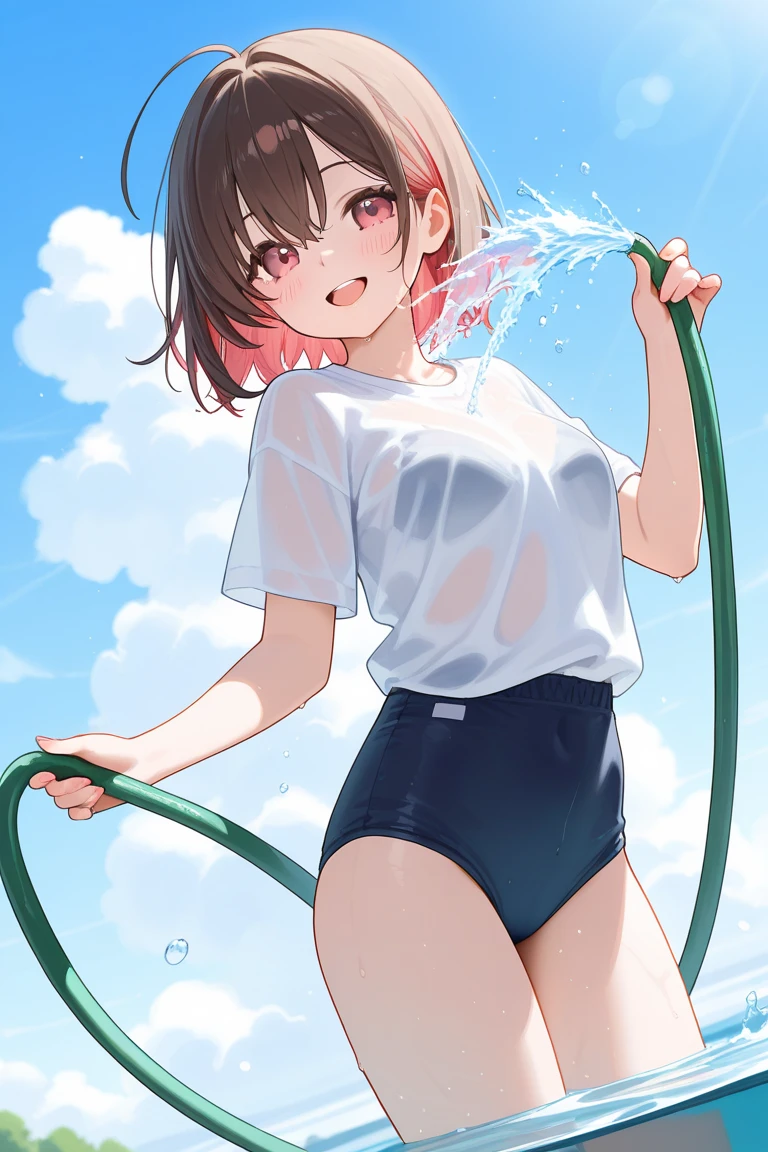 beautiful girl、16 years old、Off the shoulder、White T-shirt、Wet、See-through、slouch、Chest、Flat Chest、garden、smile、Spraying water with a hose