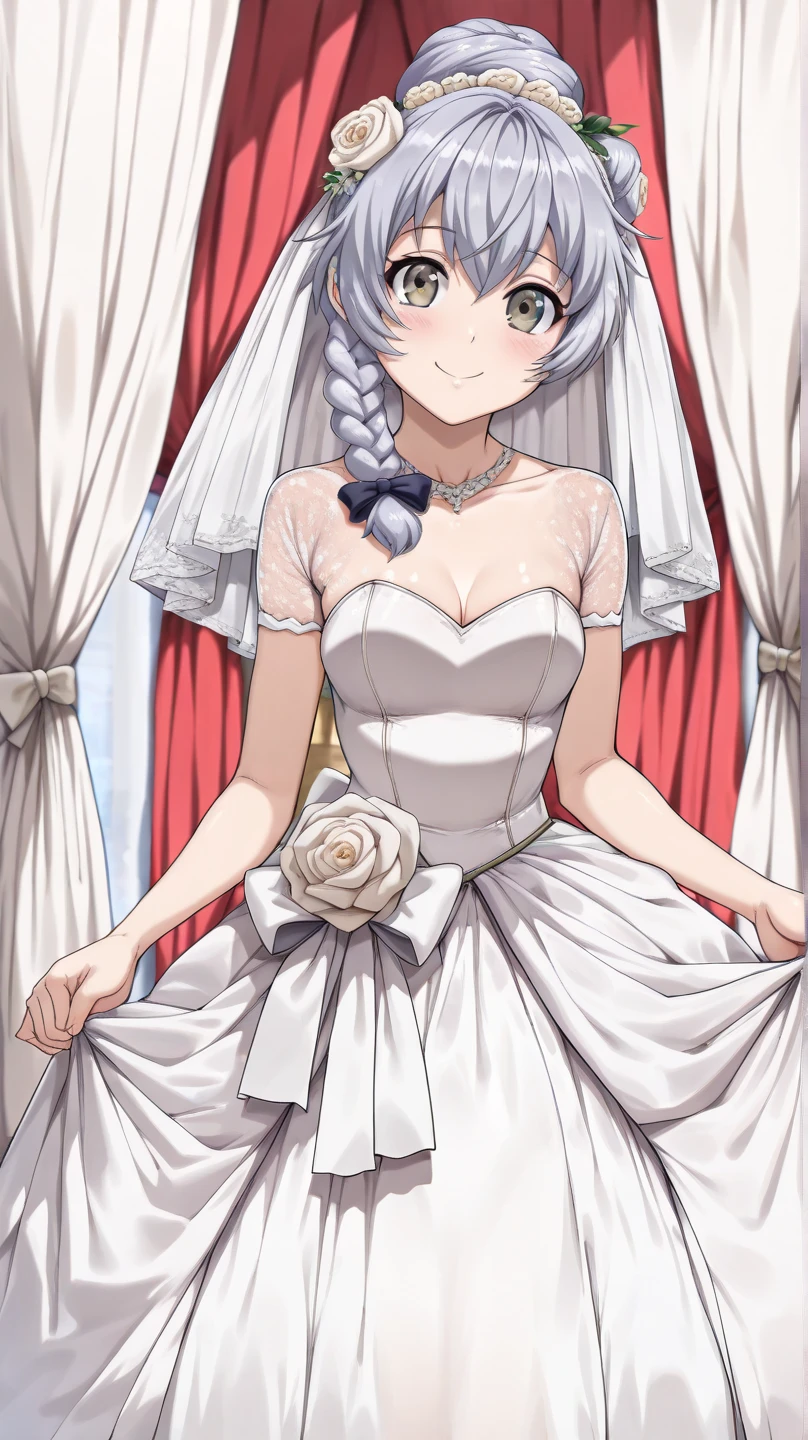 Carmilla Hazbin Hotel, 1girl, dress, cleavage, bare shoulders, collarbone, long white elbow gloves, white gloves, white dress, white choker, strapless, tiara, veil, strapless dress, wedding dress, bridal veil, beautiful woman, perfect body, perfect breasts, wearing a wedding dress, ball gown, in the park trees, wedding decorations, a in love smile, realism, masterpiece, textured skin, super detail, high detail, high quality, best quality, 1080p, 16k
