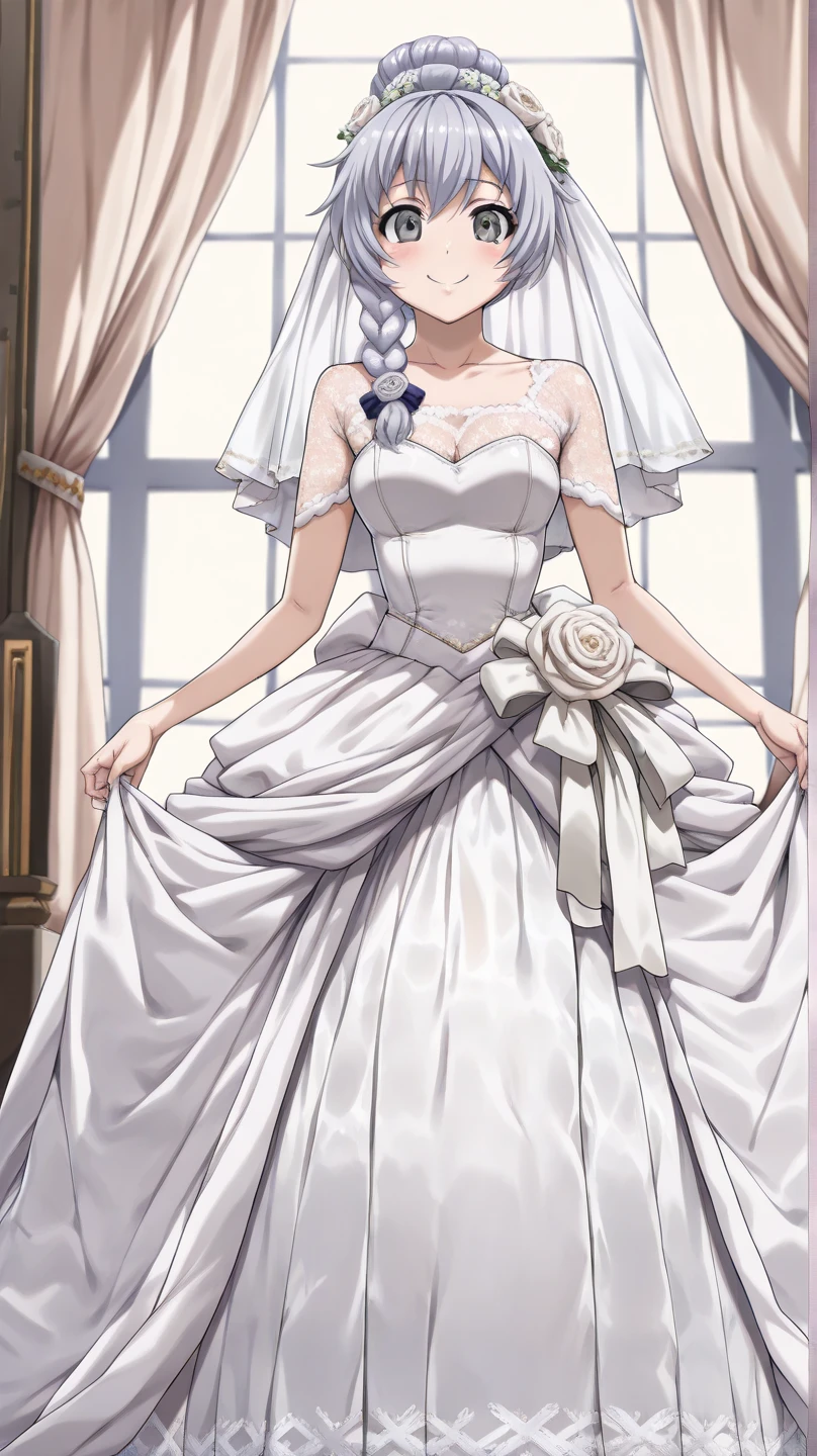 (((Pixel perfect, Perfect details))), alone, 1 girl, Lan Qianli, looking at the audience, Smile,ponytail,Gurwitz,pillory,Head flail,hand flail,flail,(bridal veil:1.5),(short sheer veil:1.5),Blushing face,Head flower,headgear,(tube top wedding dress:1.5),(Silk dress:1.2),(Strapless wedding dress:1.5),Bouquet,pure white dress,necklace,earrings,(large breasts:1.3),Deep V peach heart collar wedding dress,Bangs,lipstick,(lace gloves:1.3),Bust photo,High detail RAW color art,Tyndall phenomenon