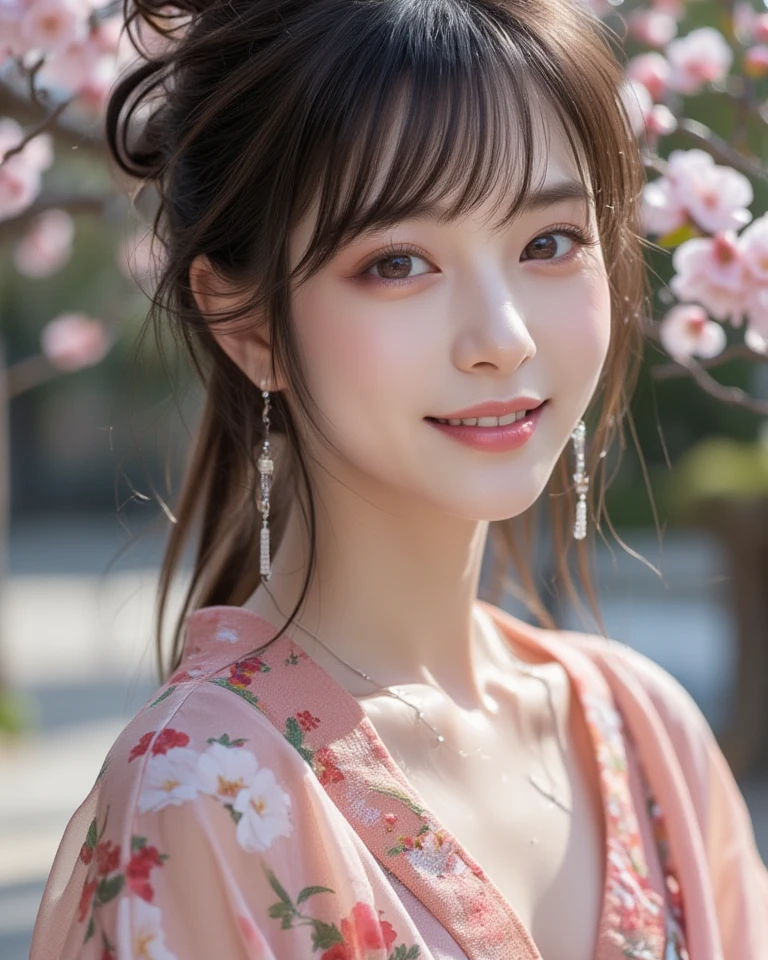 (Two pure Japanese girls,), (Small breasts:1.5,),(alone,,Textured skin, Detailed skin,Detailed face,Detailed eyes,detailed posing,Natural eyebrows,Sparkling eyes,Attention to detail, Highest quality, Very detailed, Surrealism, ,8k,RAW Photos,Photographicism,Professional Lighting,Ray Tracing,Portrait Photography,Soft Light),((Black Hair, Natural Makeup,Simple Earrings, Bun Hair,smile)),(((Pink-based kimono,Walking around the old town,Eating around,Chest girth, )))