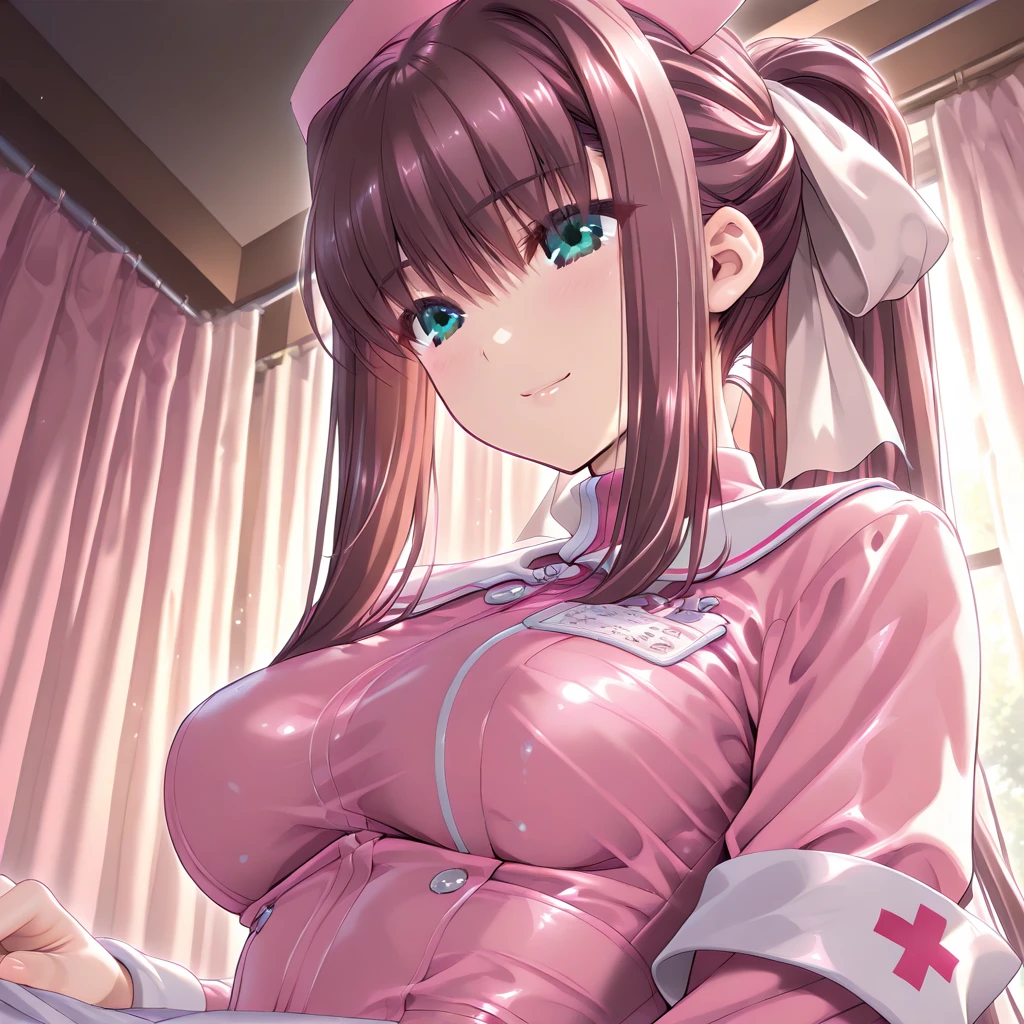 A cute android (female, obvious mechanical articulated joins, female, large breasts, backlit eyes, sexy nurse outfit), approaching a modest bed in a bedroom
