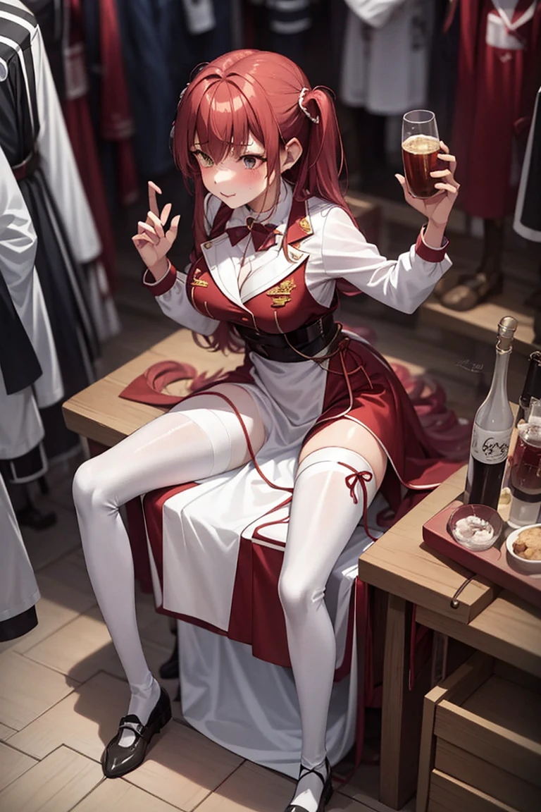 1girl,HoshoMarine,bestquality,ultra-highres,1girl,Pantyhose,big blesst、big 、tight clothes、red pirate clothes、sexy pose for potatoes、 by、Smile Yan、despise、look down、low angle