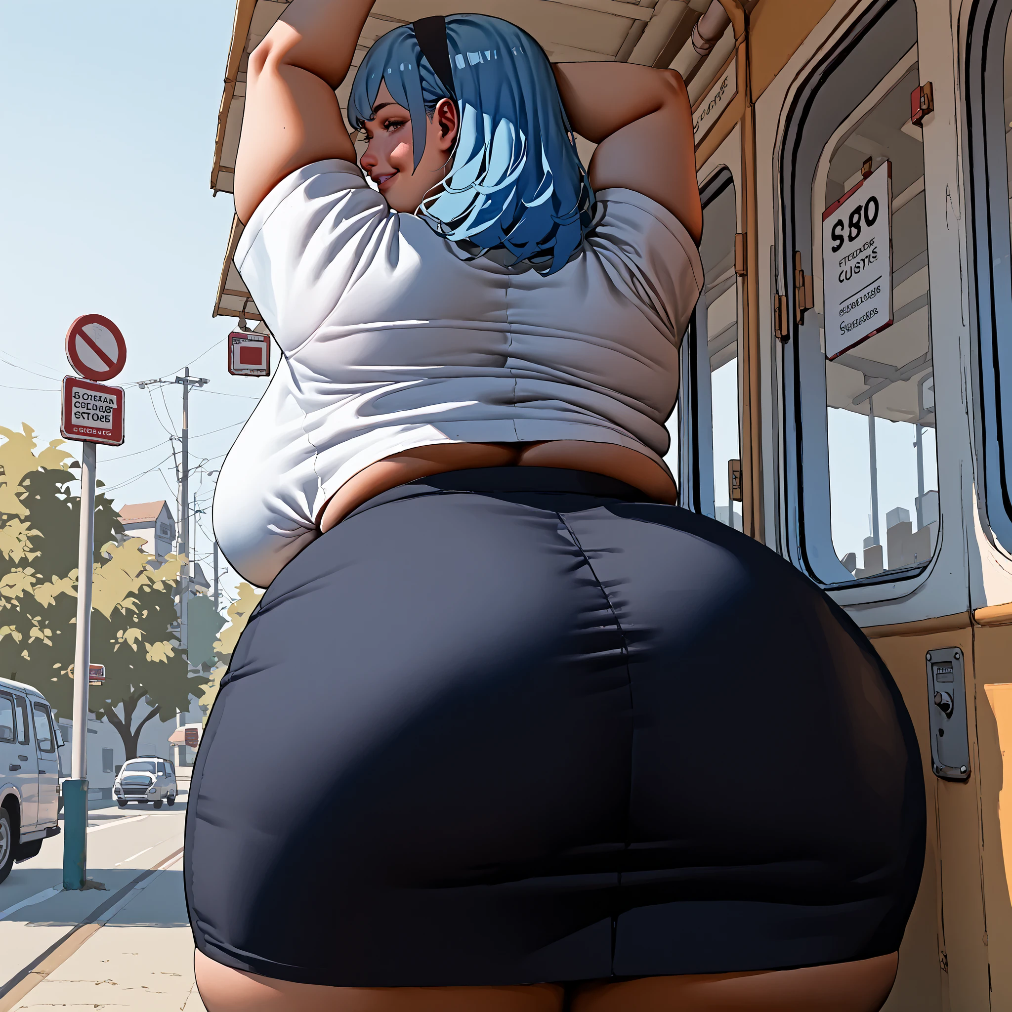 Score_9, score_8_up, score_7_up, score_6_up, score_5_up, score_4_up, Anime Manga style, ((full view)) A character created for a dating sim, a tall striking BBW with vibrant blue hair. she is wearing a college uniform. White top, black skirt, back pack, towering over other college students waiting at a bus stop, stretching from being tired, smiling down at viewer.