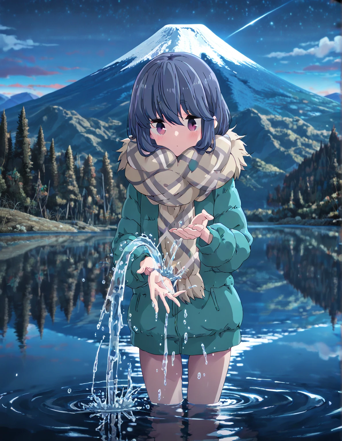 kaai yuki. brown eyes, black hair, ,short twintails, low twintails, short twintails, hair ornament, 11years old , , empty eyes , large breasts, ??????, Running, , Heavy snowfall area　frozen wet crying mountain Alone, crying, ?????, solo, 1girl,