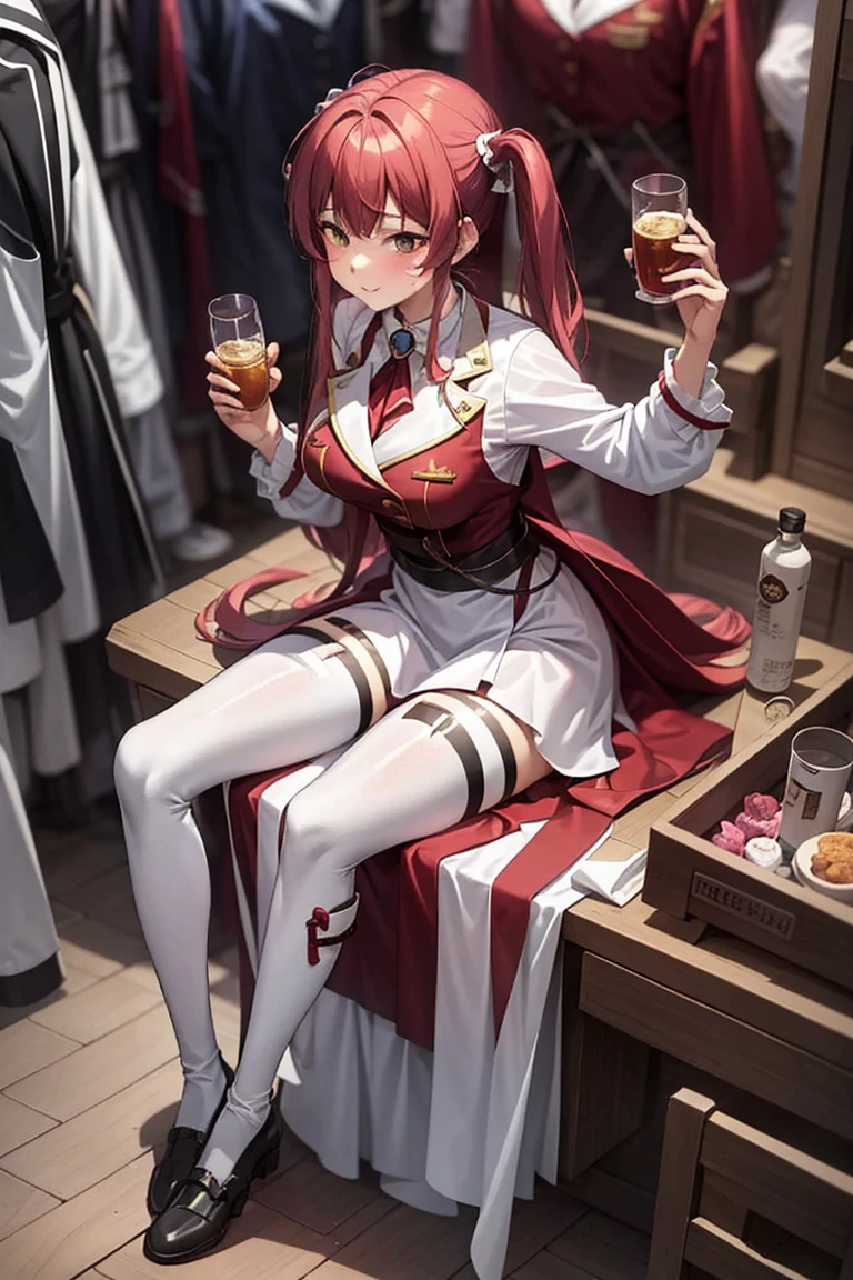 1girl,HoshoMarine,bestquality,ultra-highres,1girl,blackPantyhose,big blesst、big 、tight clothes、red pirate clothes、sexy pose for potatoes、 by、Smile Yan、despise、look down、low angle