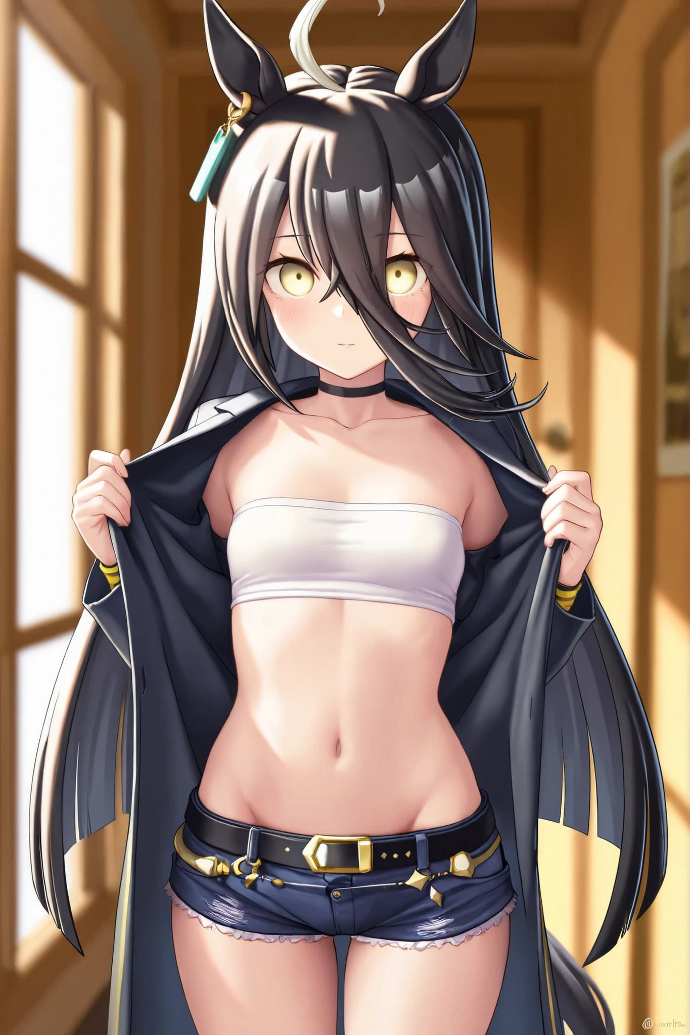 ((masterpieces,ultra detailed,ultra resolution,Perfect Anatomy,detailed face,cute eyes,nsfw,1girl,solo :1.5)),(manhattancafe, ahoge, horse tail, horse ears,black hair, long hair,yellow eyes,small breasts, flat chest, 20 years old :1.5),(pubic tatoo,clothes lift,lifted by self, show off navel,pregnant,big belly :1.4 ),(wedding dress,veil,lace panties,clothed,nipples visible through dress,show off nipples under dress,covered nipples,nipples visible through dress, show off nipples under dress :1.2),(empty eyes, half open eyes, seductive smile, :1.1),looking at viewer,cowboy shot,standing,(netorare :1.2),