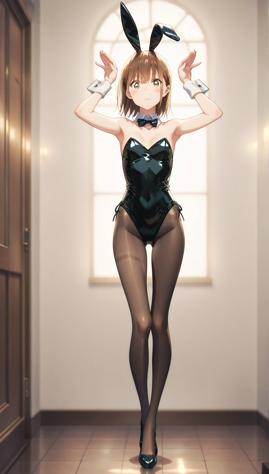 bunny girl, strapless leotard, black leotard, wrist cuffs, bowtie, medium hair, orange hair, bangs, pantyhose, high heels, hands on hips, smile, bedroom eyes, full body, ((wetting self, pee stains, puddle)), cameltoe
